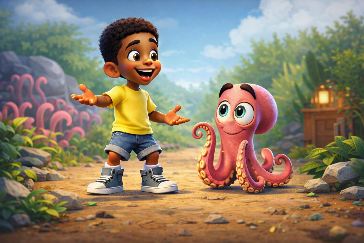 Child with octopus friend on an adventure